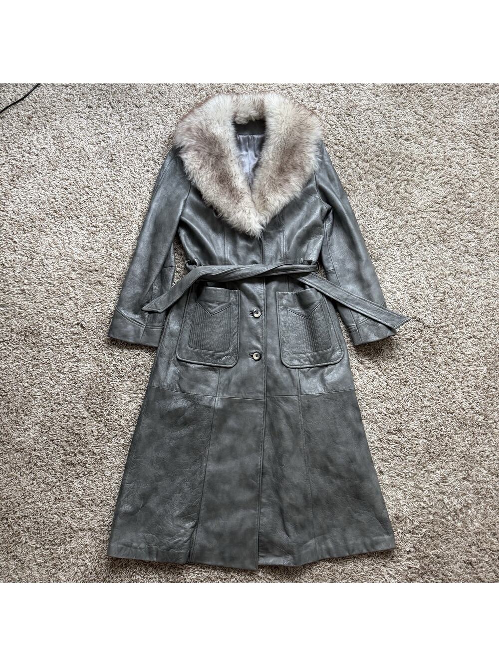 Vintage Ms. Ambe Grey Leather Long Trench Coat Jacket Faux Fur Collar Size 14